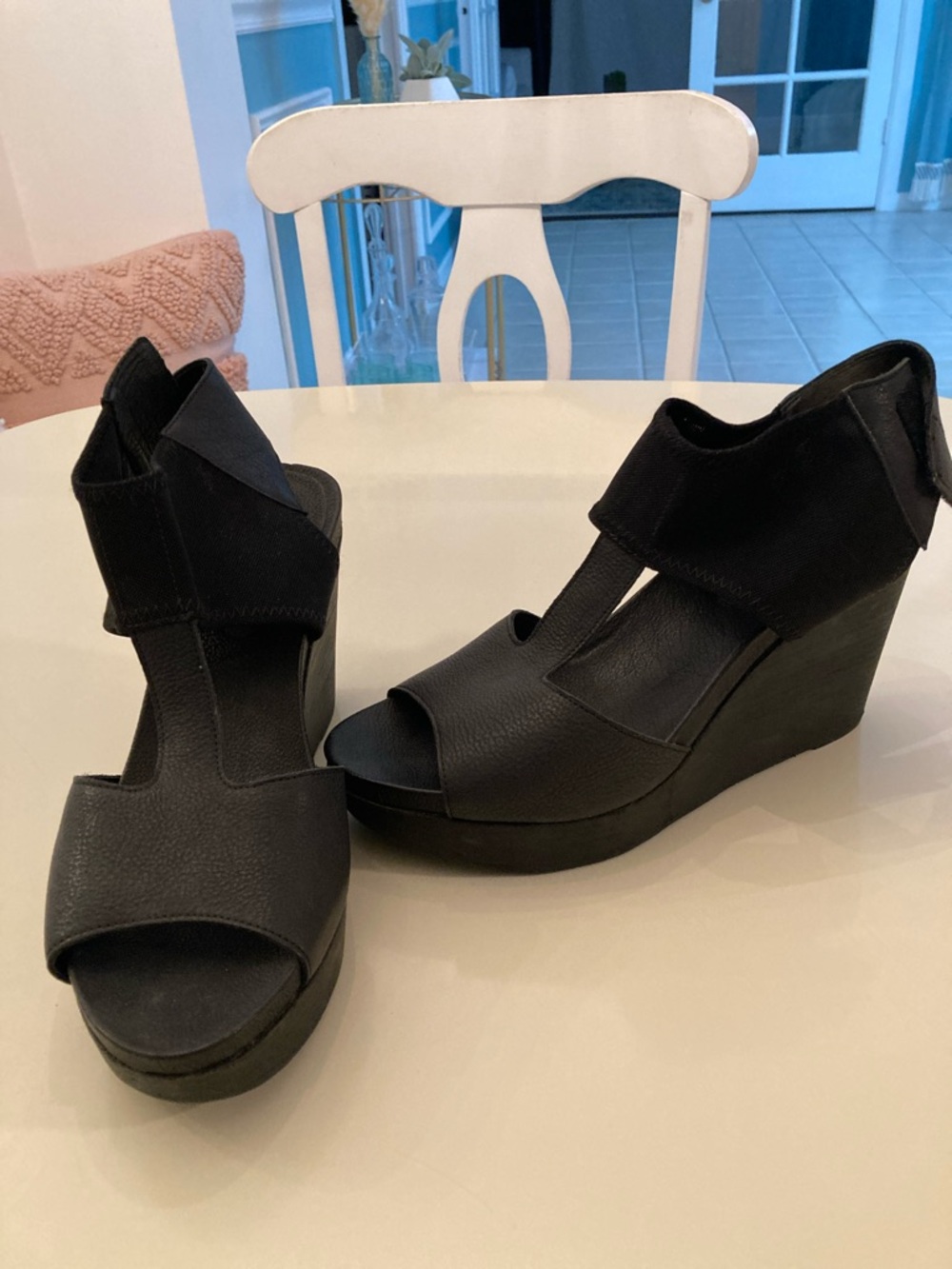 Eileen Fisher Black Wedge Sandals with Elastic Ankle Wrap